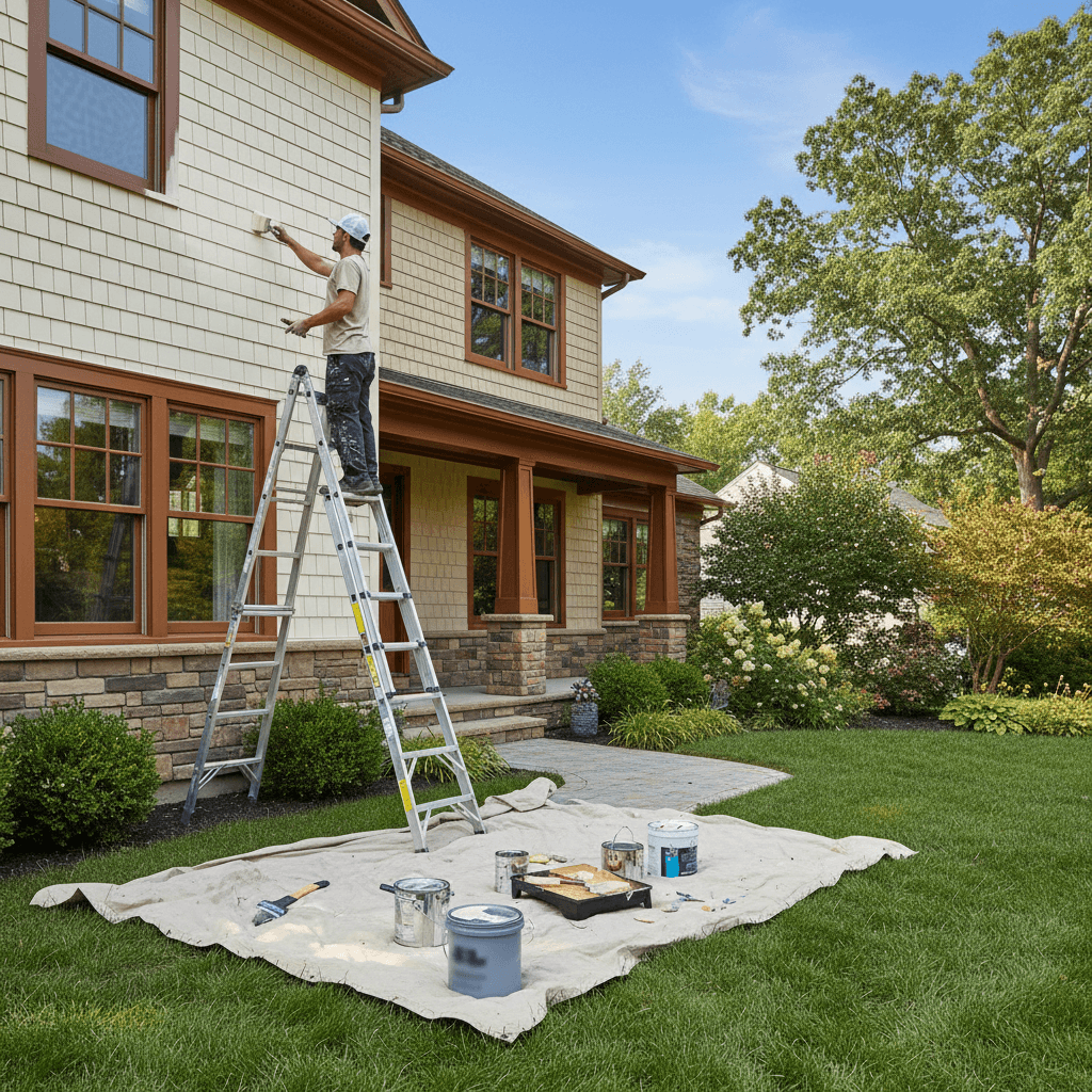 Exterior house painting with ladder and painter