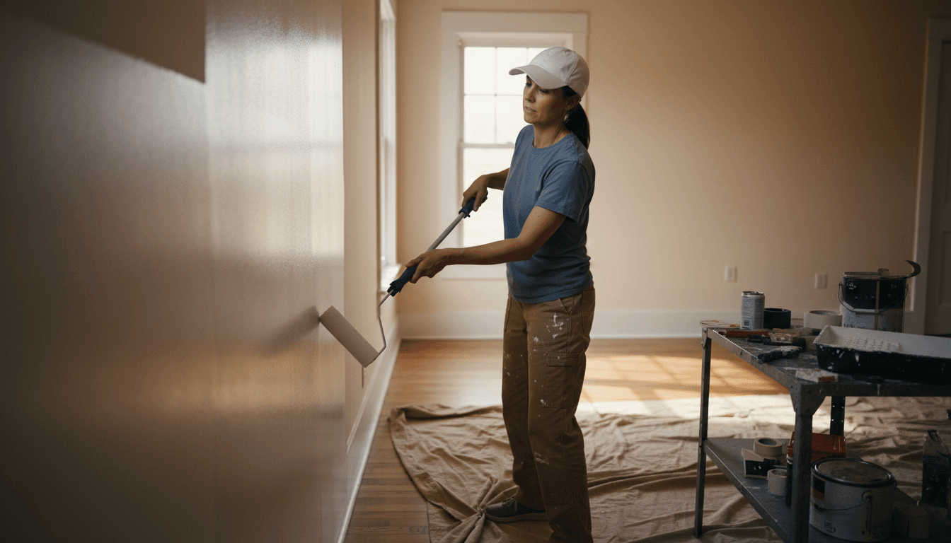 Professional painter applying interior paint with careful technique